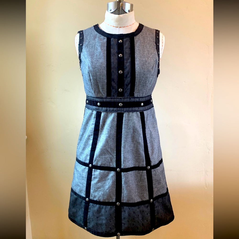 Anna Sui Cage Dress Velvet Black Herringbone Studs Career Wear Cocktail Dress 4